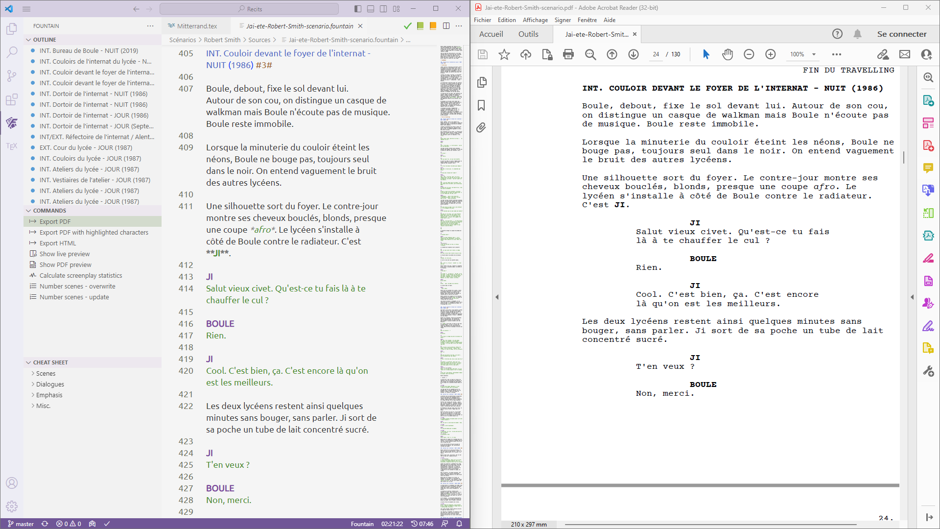 Edition Scénario dans VSC, à gauche le source, à droite le rendu PDF